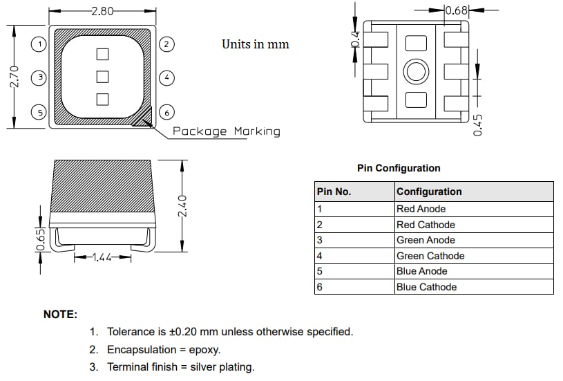 Disegno meccanico - Broadcom LED a tre colori QSMB-UTF2